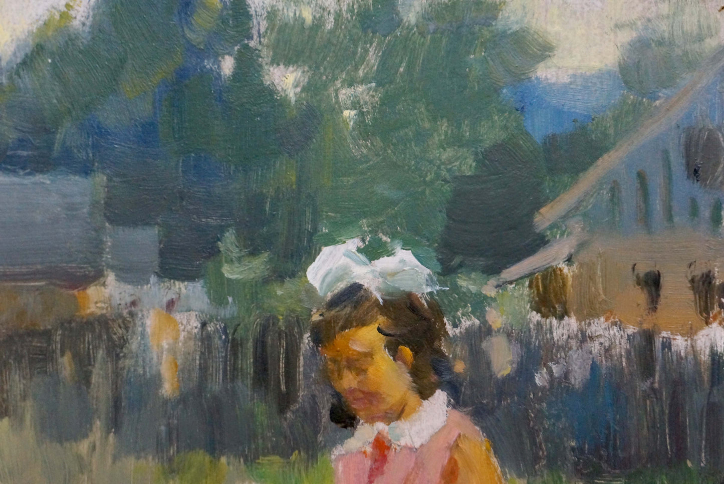 Oil painting Behind the Gate by Soroka: girl in pink dress with white bow