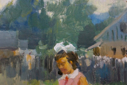 Oil painting Behind the Gate by Soroka: girl in pink dress with white bow