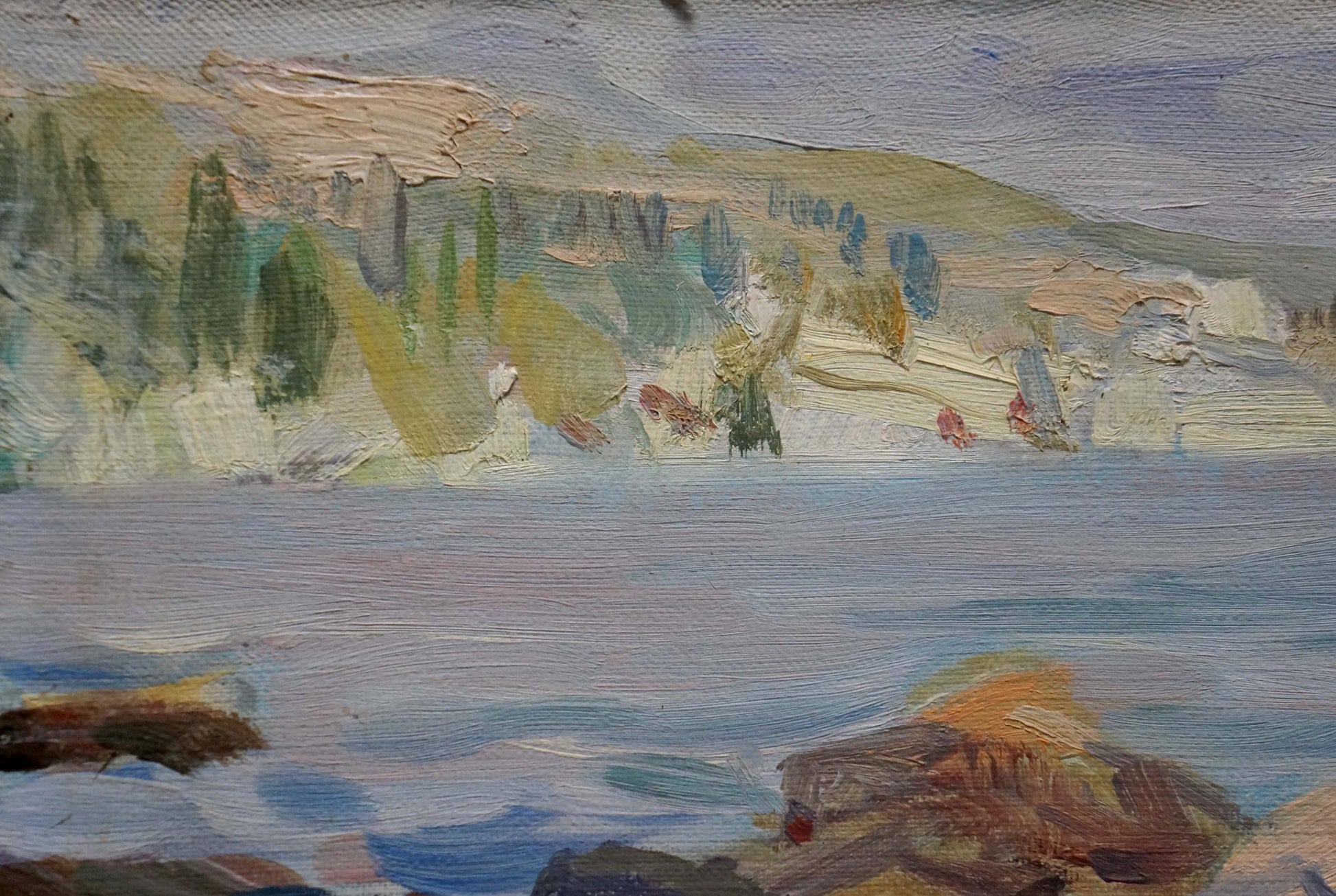 Oil painting of sea view by Bezugly Daniil Ivanovich, coastal hills and water