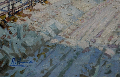 Textured impressionistic oil painting of winter road with trees and rocky shoreline