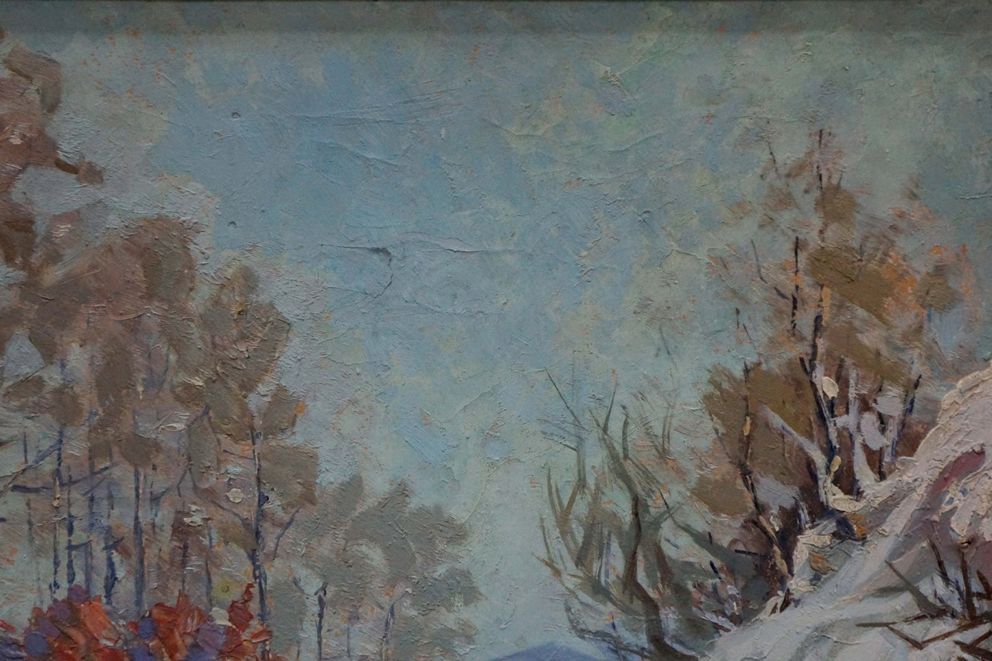 Oil painting of autumn trees along winter road by unknown artist
