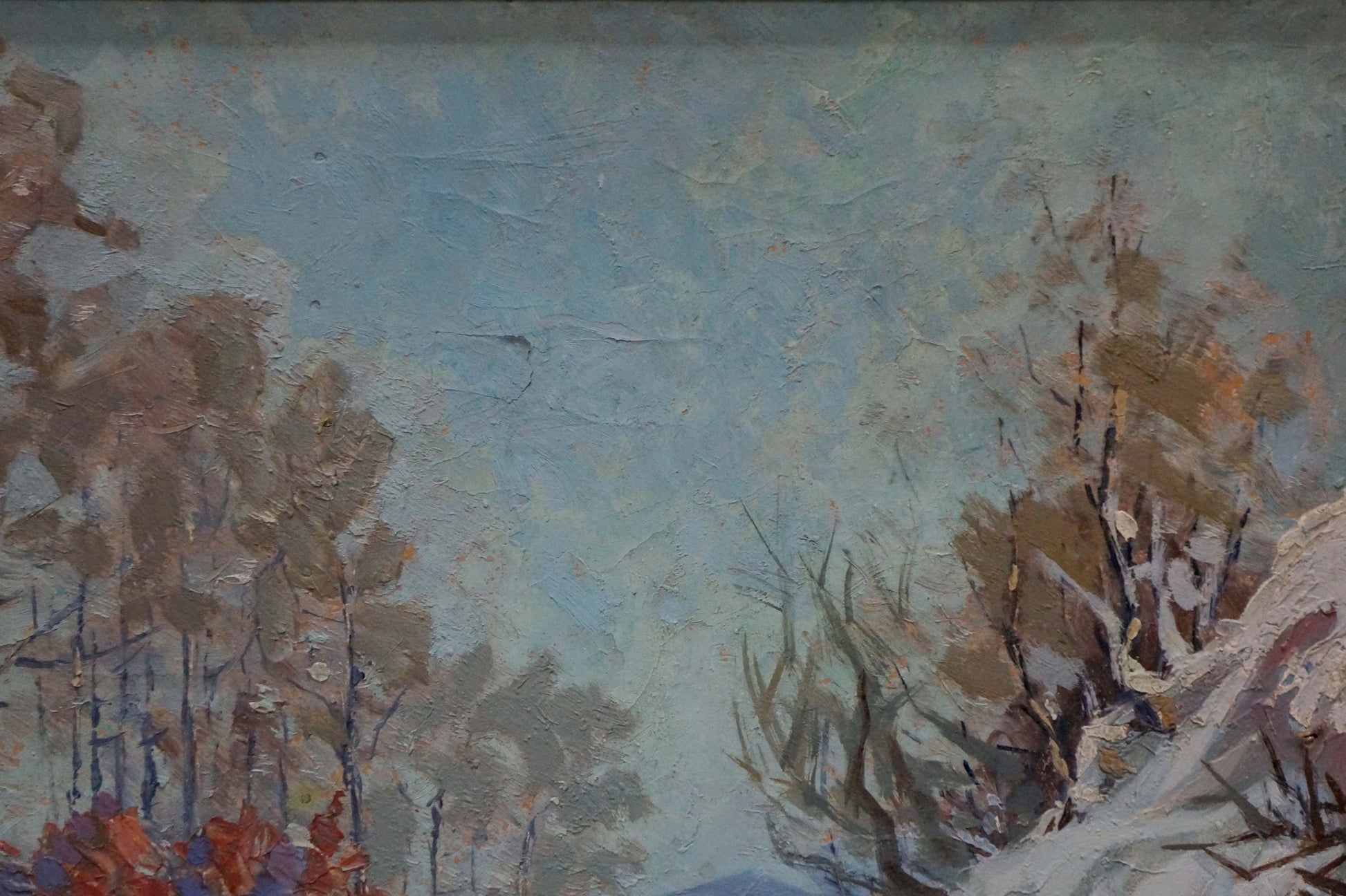 Oil painting of autumn trees along winter road by unknown artist