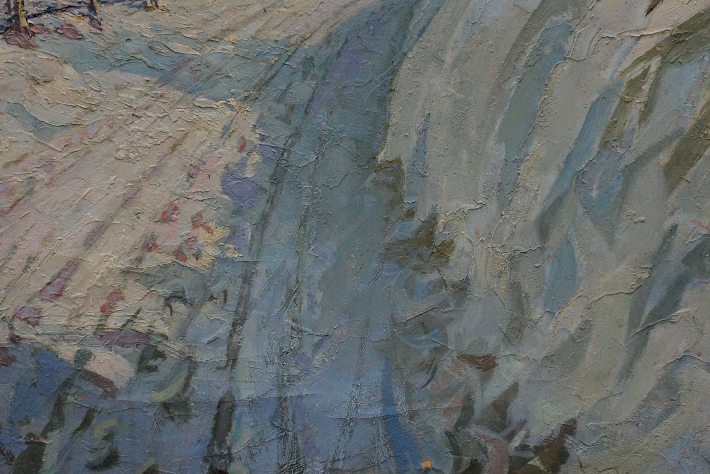 Oil painting of trees along winter road, textured impasto in muted blues and grays