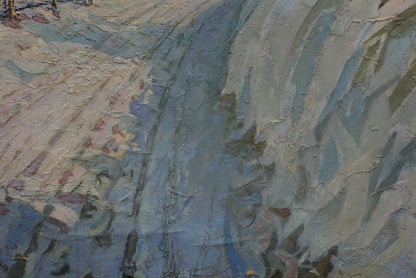 Oil painting of trees along winter road, textured impasto in muted blues and grays