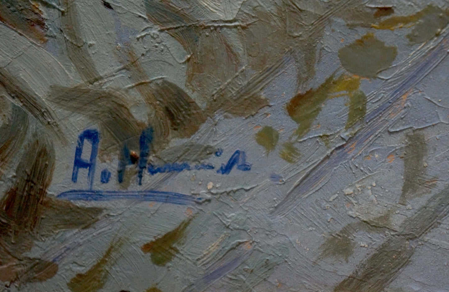 Back of oil painting Trees along a winter road with blue ink a. signature