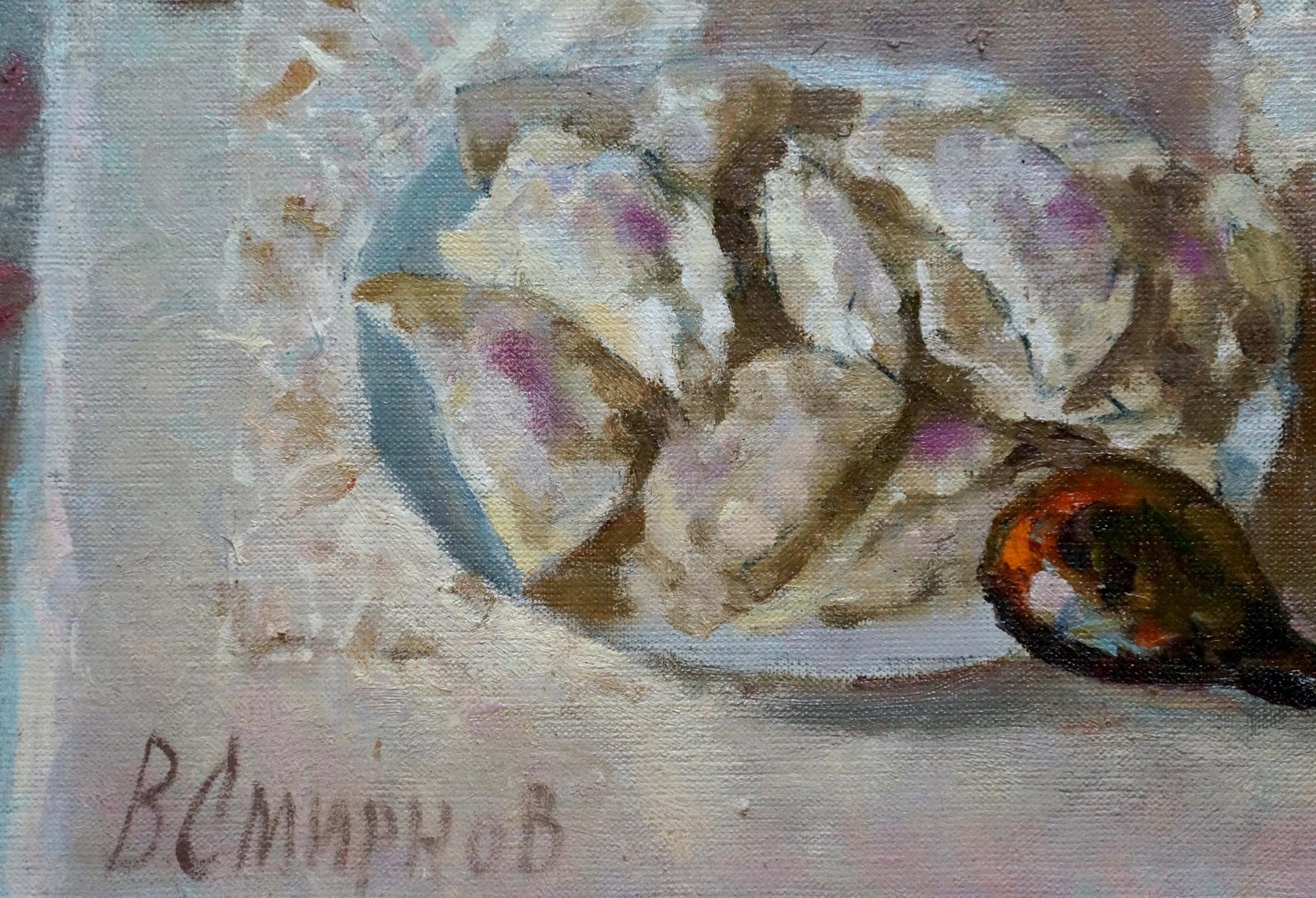 Oil painting still life by Smirnov Valentin Sergeevich: blue plate of pale dumplings