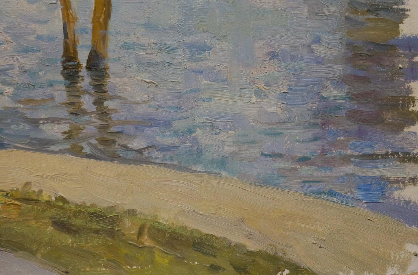 Oil painting of river in park by Fomin Anatoly Nikiforovich, sandy shore with posts