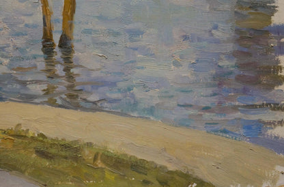 Oil painting of river in park by Fomin Anatoly Nikiforovich, sandy shore with posts