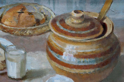 Rustic ceramic honey jar in Smirnov Valentin Sergeevich oil painting still life
