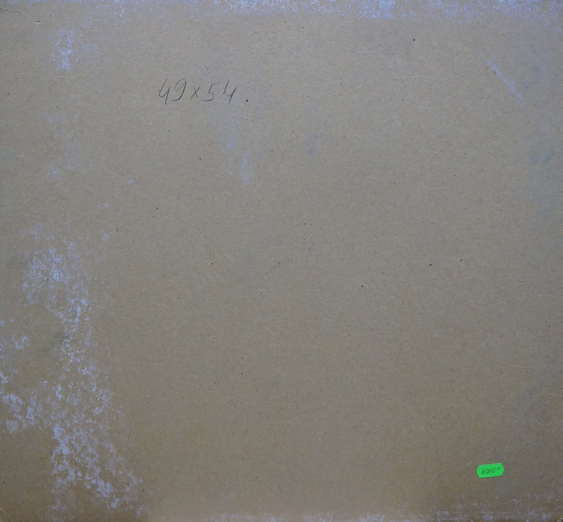 Back of Oil painting River in the park Fomin Anatoly Nikiforovich, beige textured surface with faint white markings and green sticker