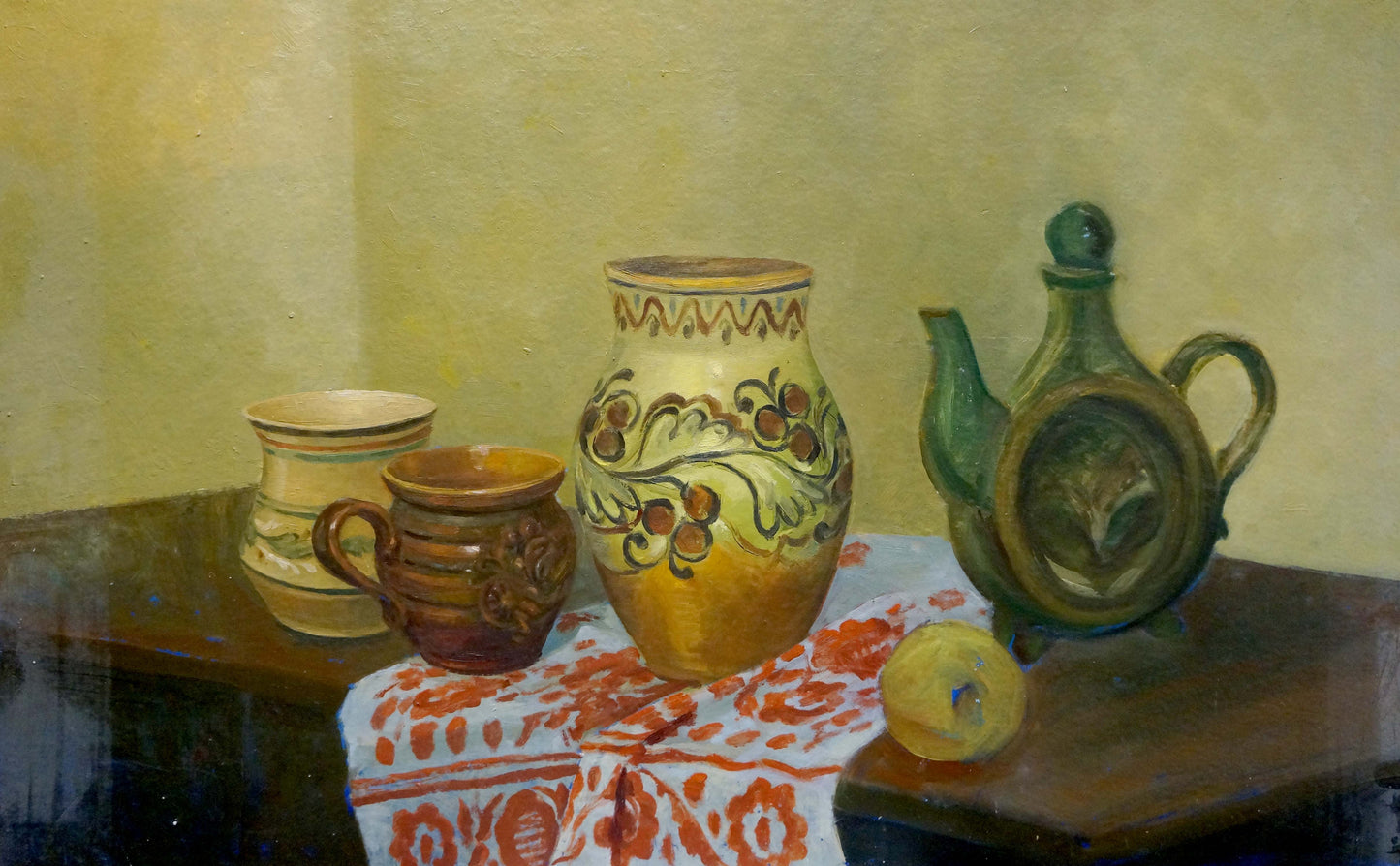Hand-painted ceramic pitcher in oil painting still life with grapes and vines