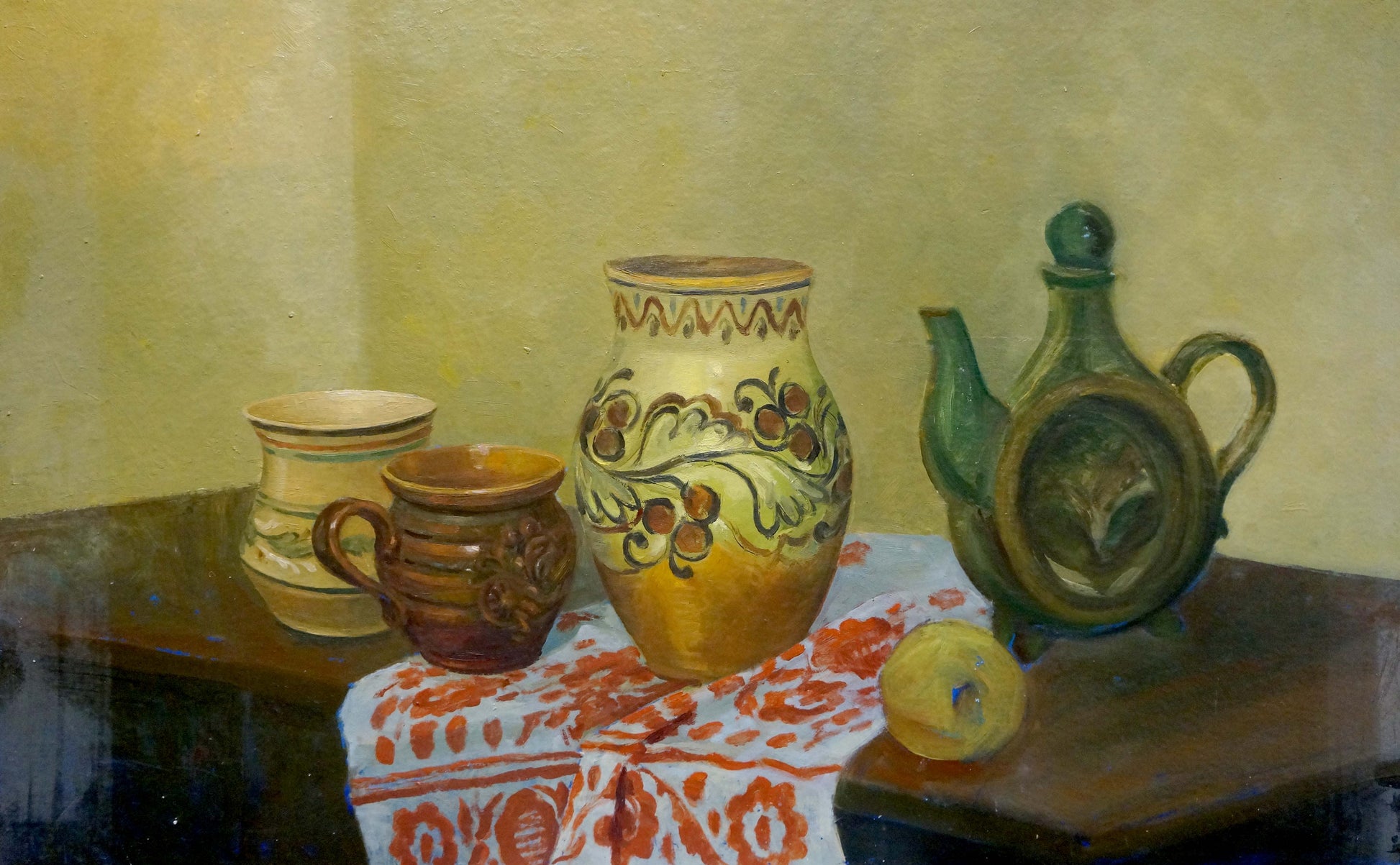 Hand-painted ceramic pitcher in oil painting still life with grapes and vines