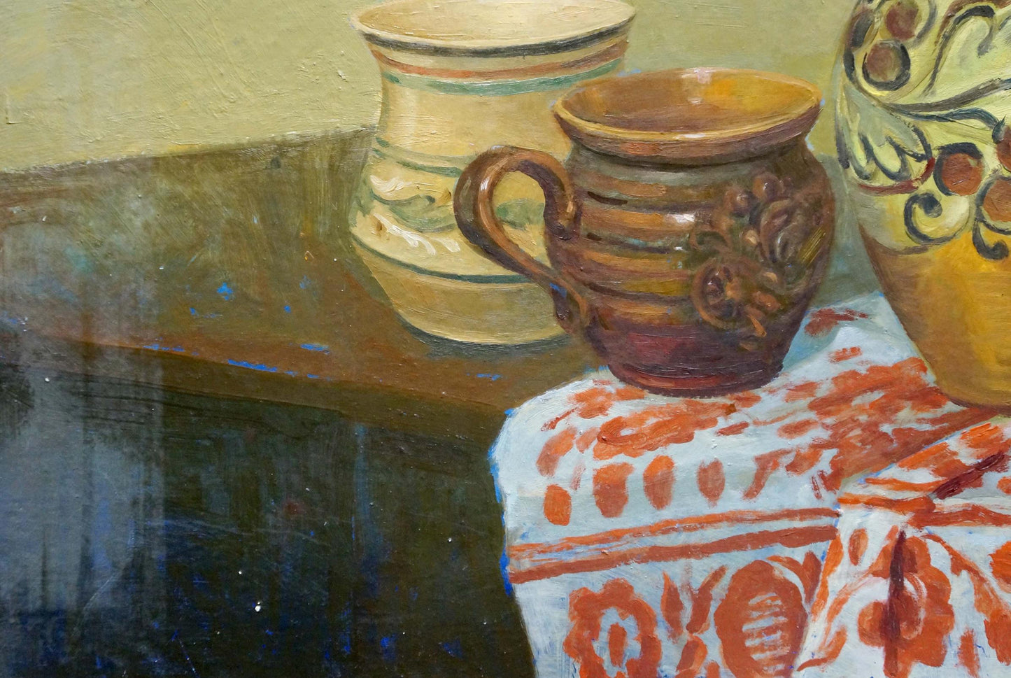 Oil painting still life with rustic brown ceramic mug and floral details