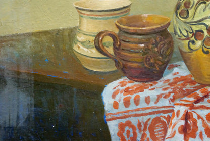 Oil painting still life with rustic brown ceramic mug and floral details