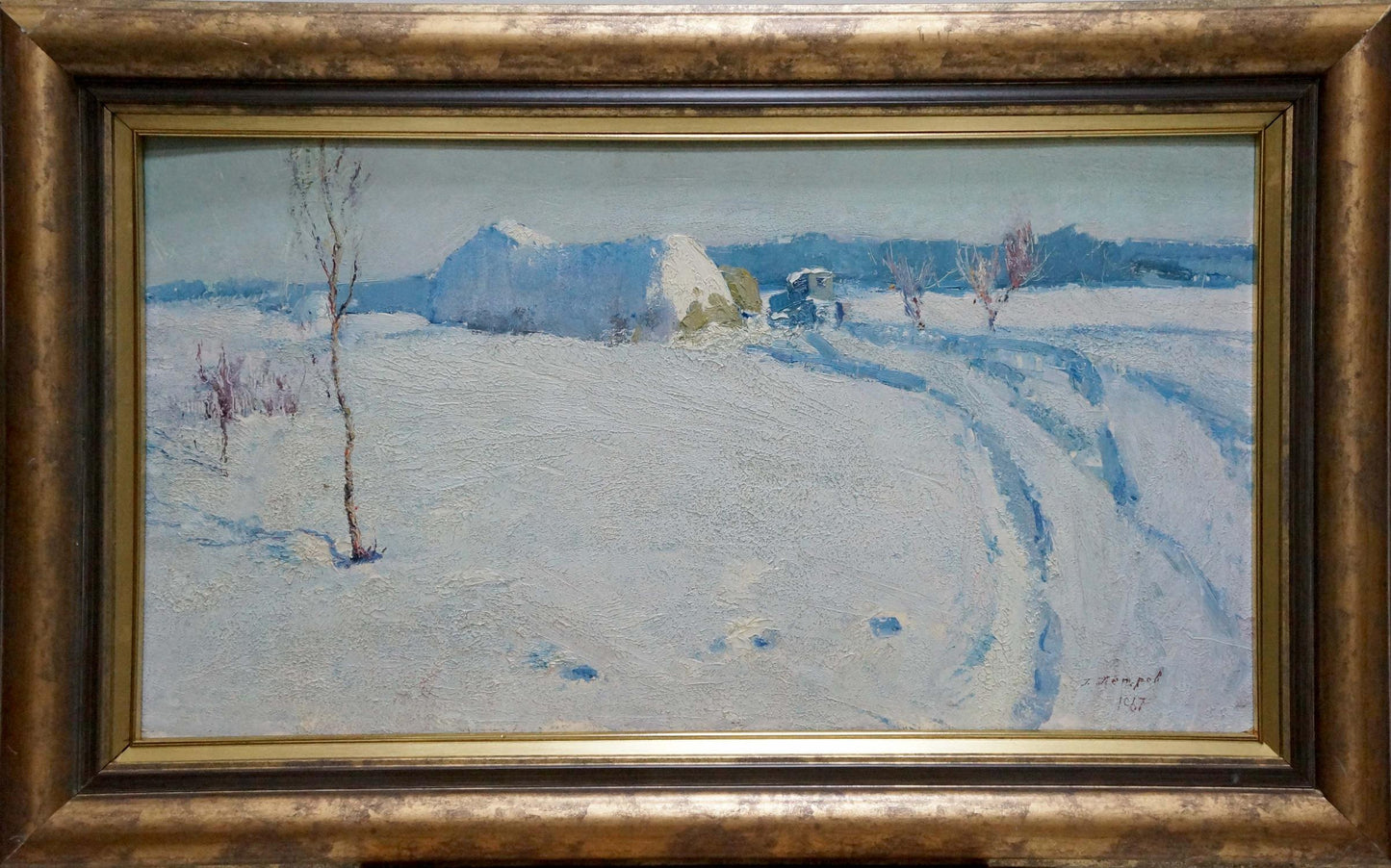 Oil painting Winter landscape by Petrov George Petrovich in ornate gold frame