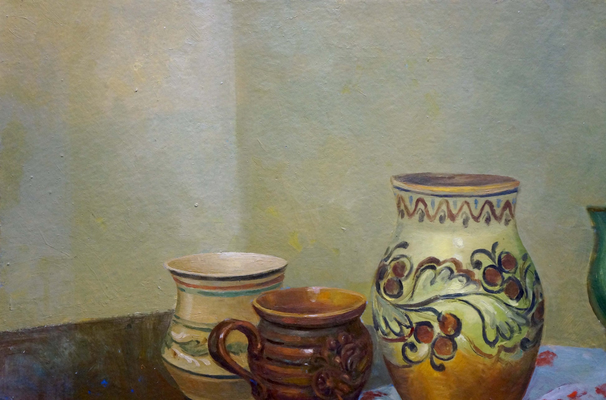 Hand-painted ceramic pitcher in oil painting still life with dishes