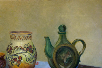 Hand-painted ceramic pitcher with green lid in oil painting still life