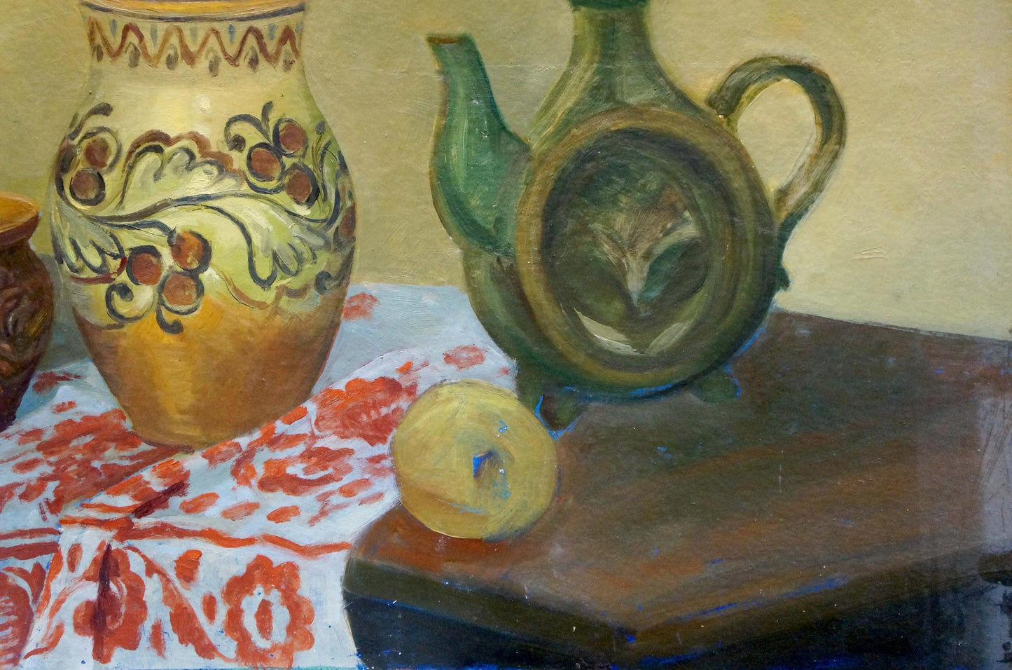 Hand-painted ceramic pitcher in oil painting still life with dishes
