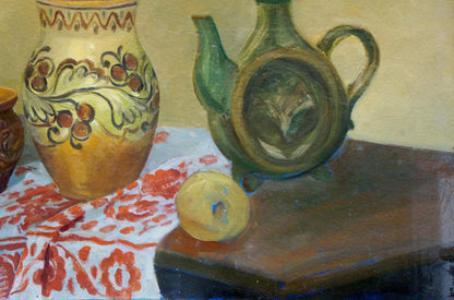 Hand-painted ceramic pitcher in oil painting still life with dishes
