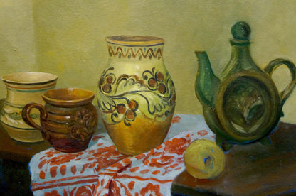 Hand-painted ceramic jug in oil painting still life with dishes by unknown artist