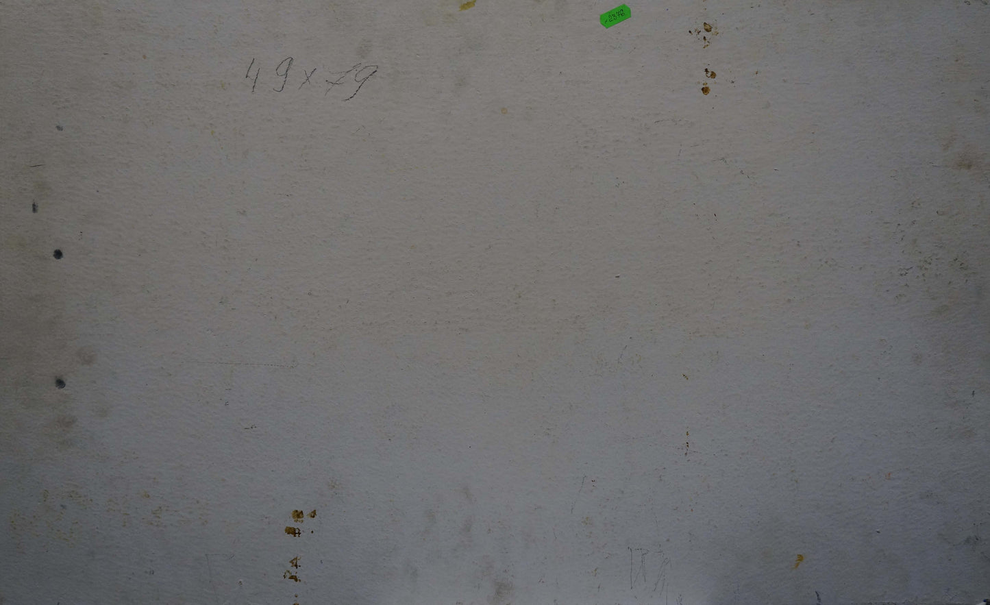 Back of oil painting Still life with dishes: off-white surface, smudges, green sticker