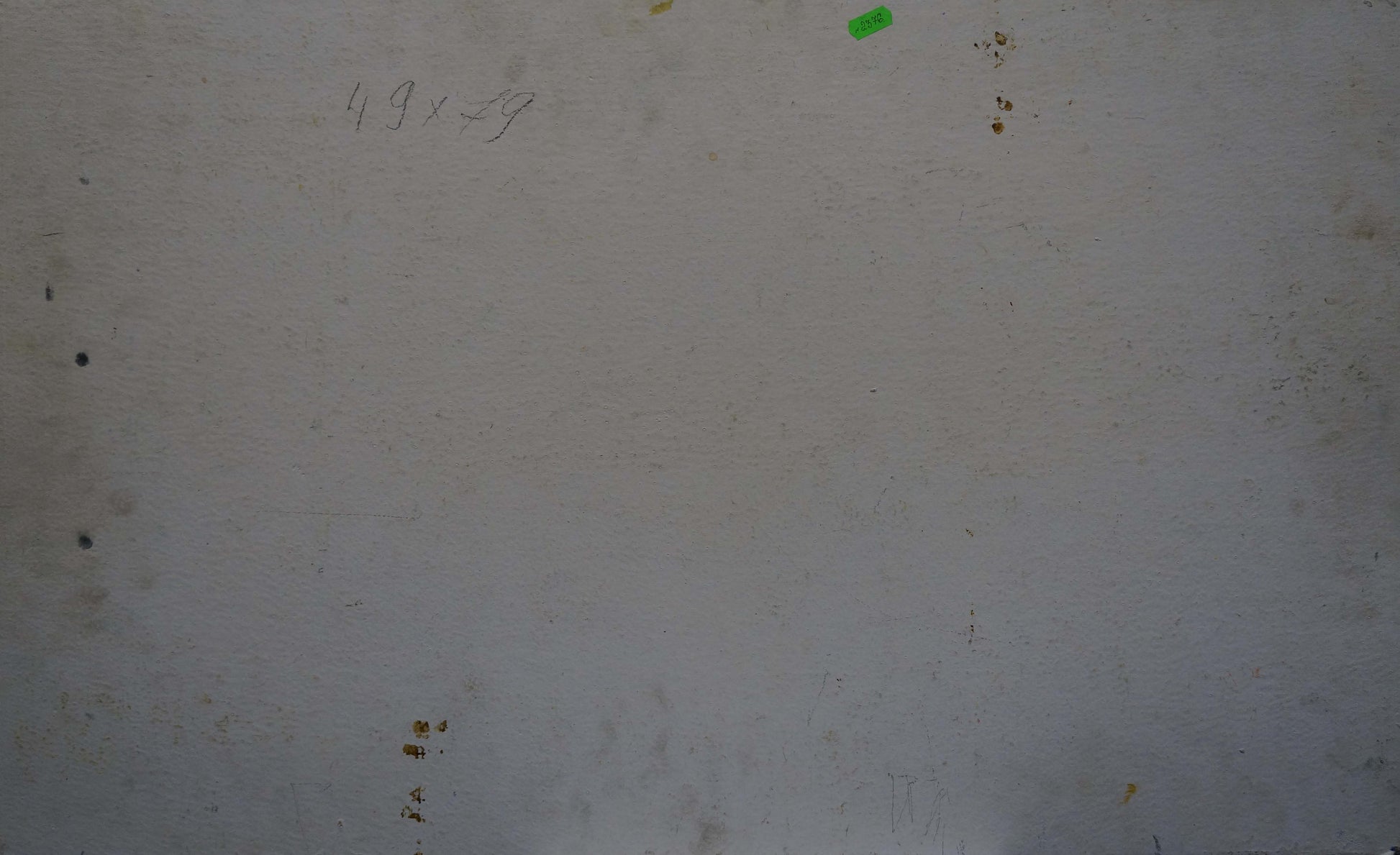 Back of oil painting Still life with dishes: off-white surface, smudges, green sticker