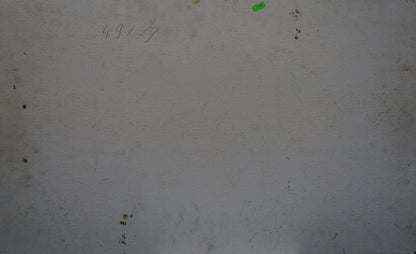 Back of oil painting Still life with dishes: off-white surface, smudges, green sticker