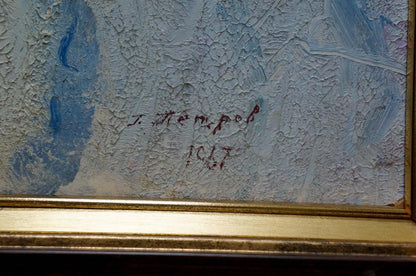 Back of textured light blue white oil painting Winter landscape by Petrov George Petrovich with red ink signature