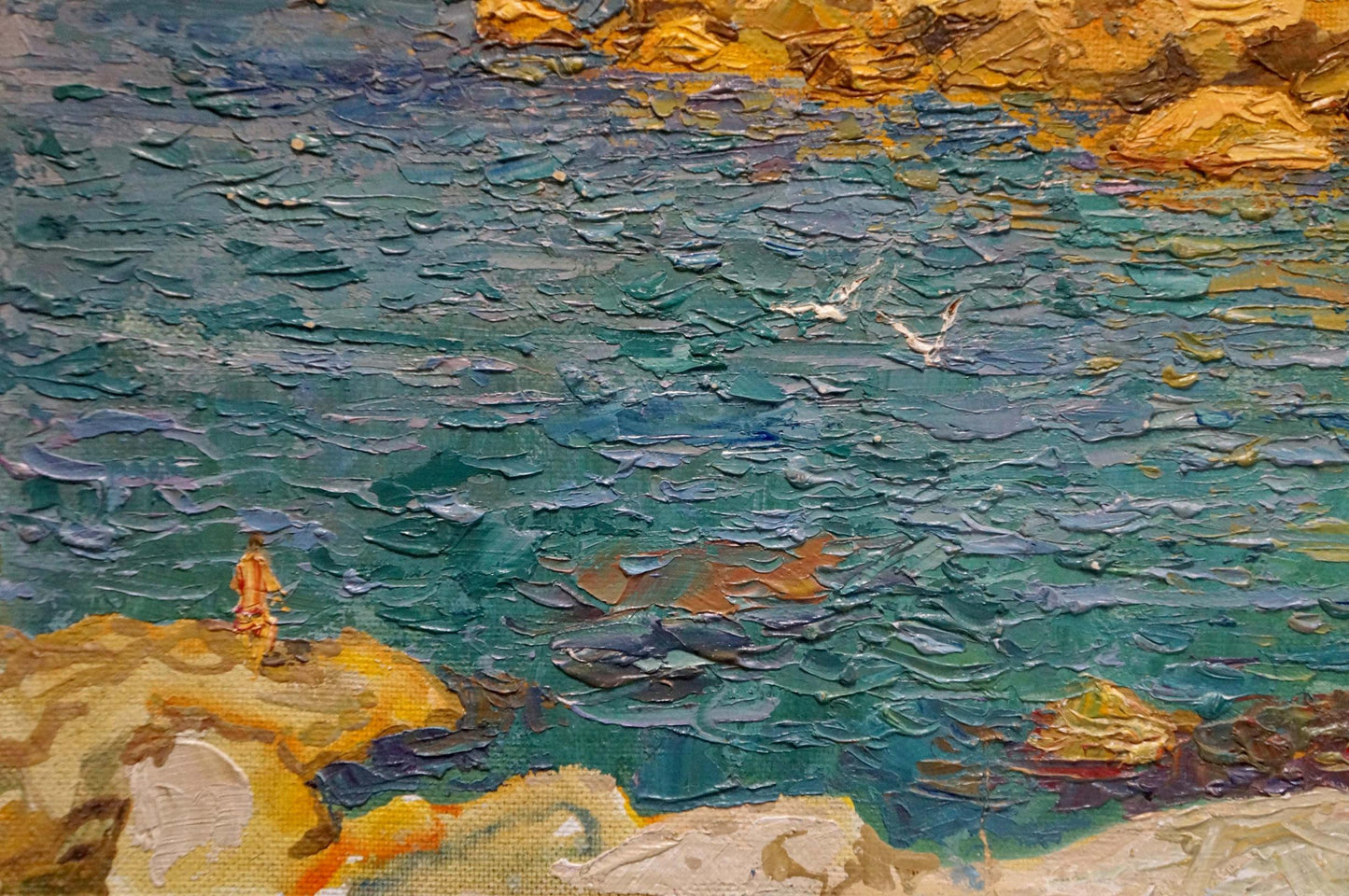Oil painting by Chegodar Vasily Dmitrievich: teal gold coastal scene with seagulls