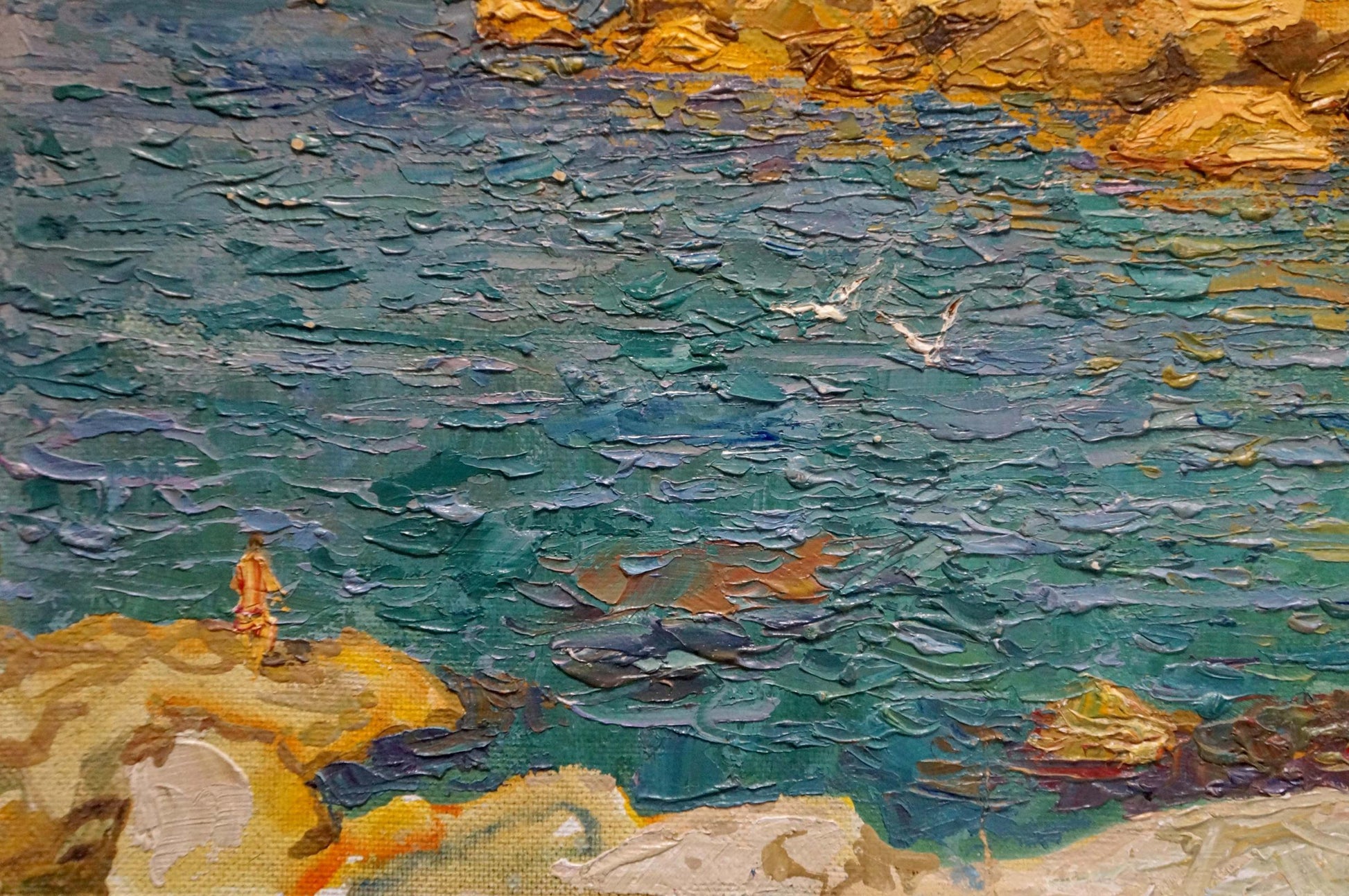 Oil painting by Chegodar Vasily Dmitrievich: teal gold coastal scene with seagulls