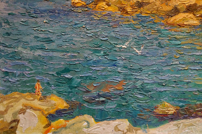 Oil painting by Chegodar Vasily Dmitrievich: teal gold coastal scene with seagulls