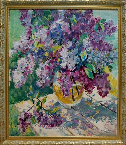 Vibrant impressionistic oil painting of lilacs in yellow vase by Polyakova Lyudmila Valentinovna