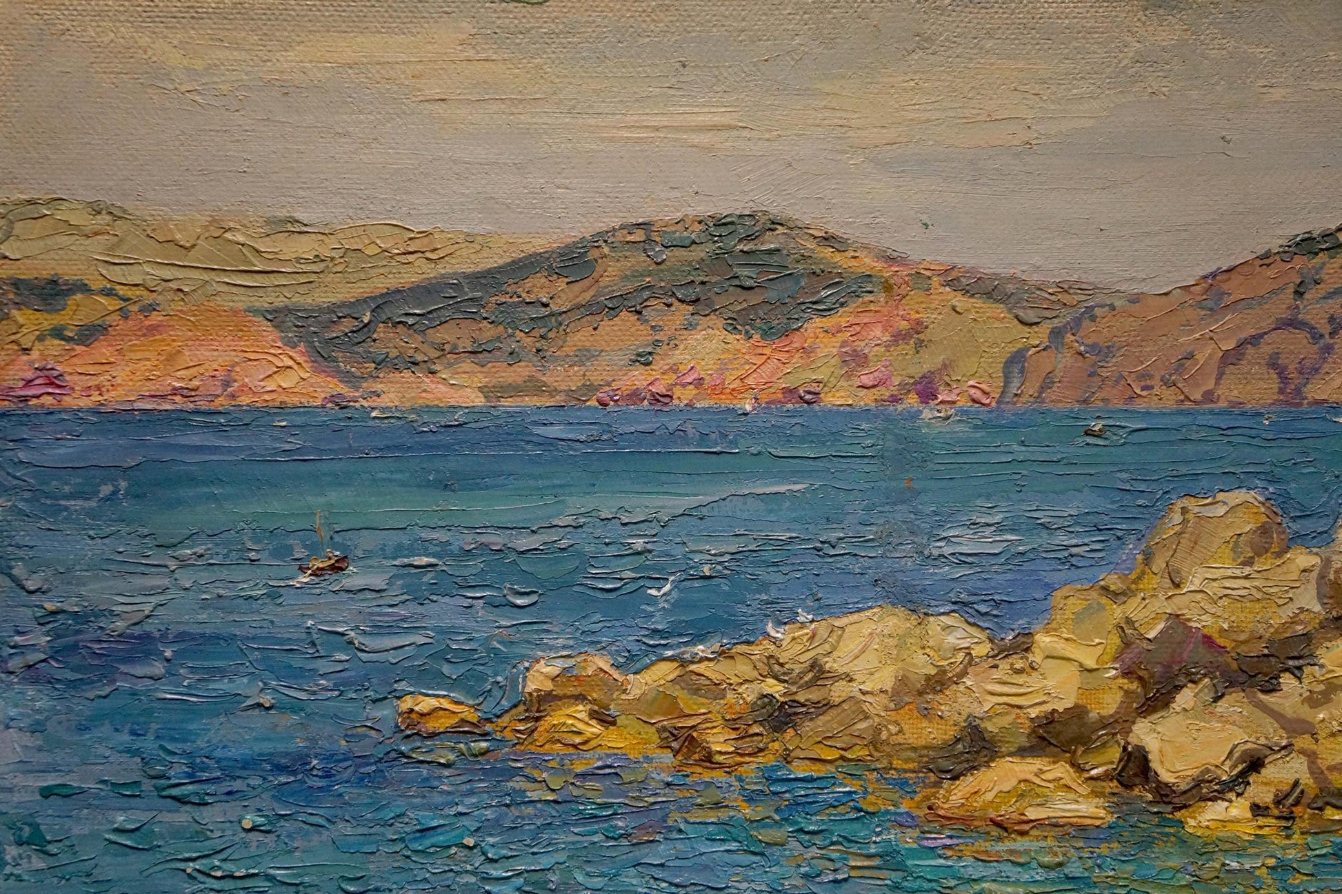Oil painting Sea Chegodar by Vasily Dmitrievich, ochre cliffs and blue sea