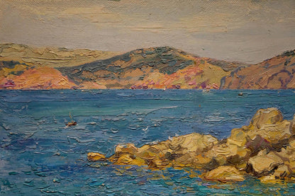 Oil painting Sea Chegodar by Vasily Dmitrievich, ochre cliffs and blue sea