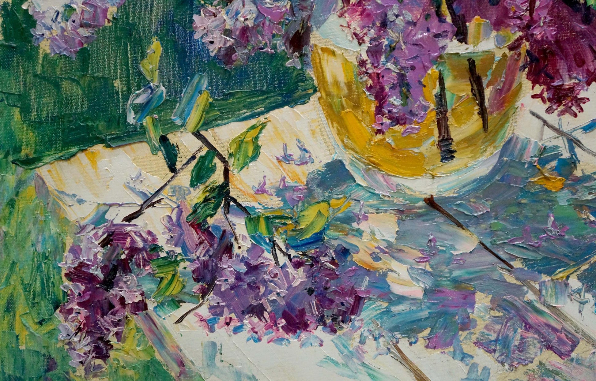Vibrant impressionist oil painting of purple lilacs in yellow vase by Polyakova Lyudmila Valentinovna