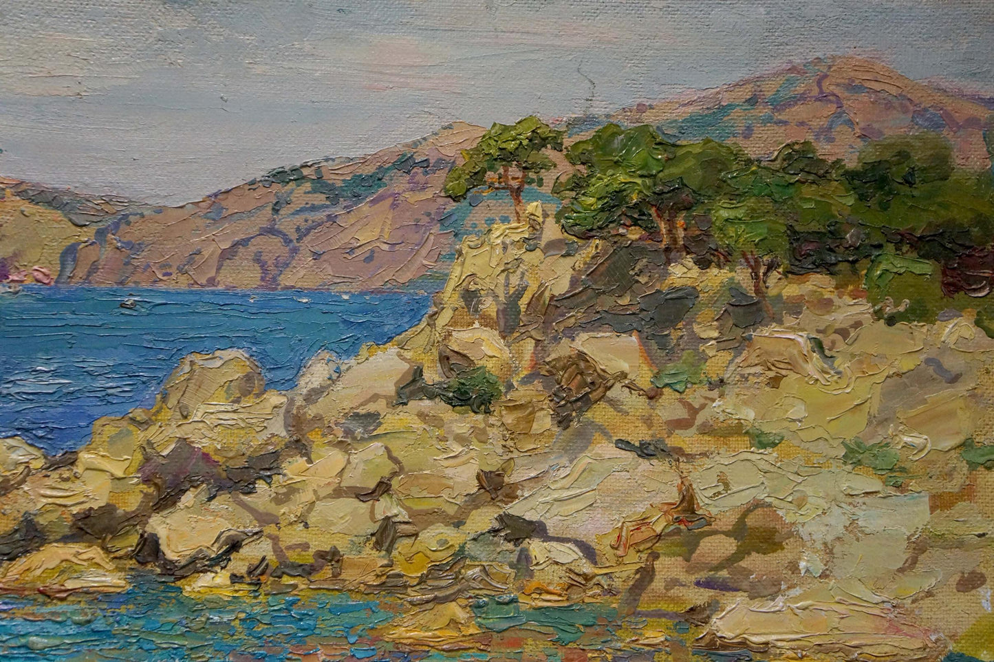 Oil painting Sea Chegodar by Vasily Dmitrievich: sunlit coastal rocks and sea