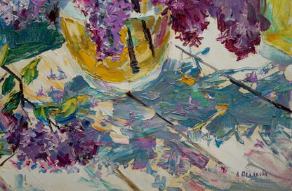 Oil painting of yellow vase with lilac by Polyakova Lyudmila Valentinovna