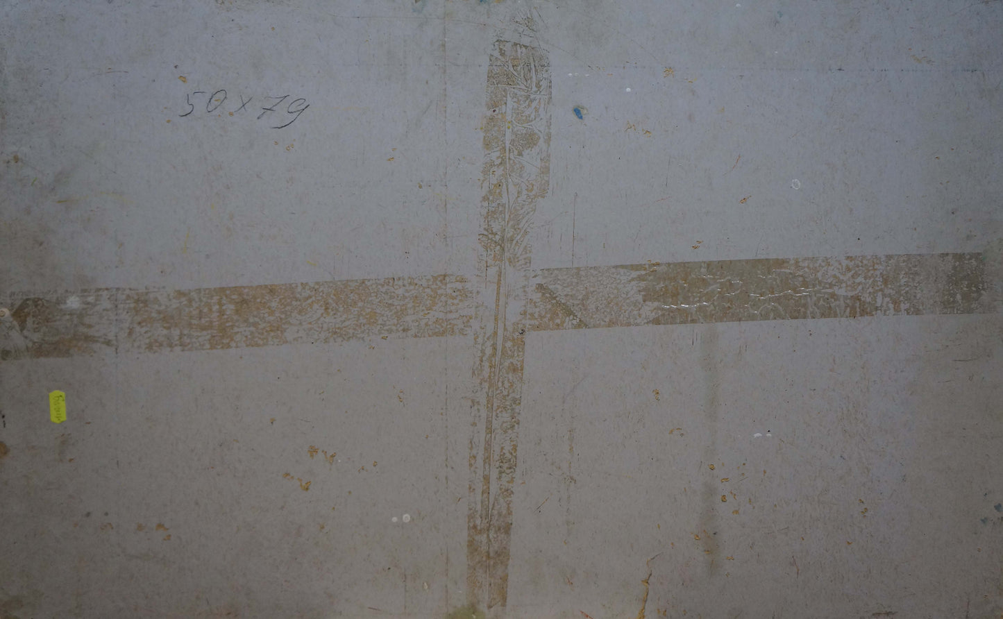 Weathered beige cross tape mark on gray concrete wall, Sea Chegodar oil painting