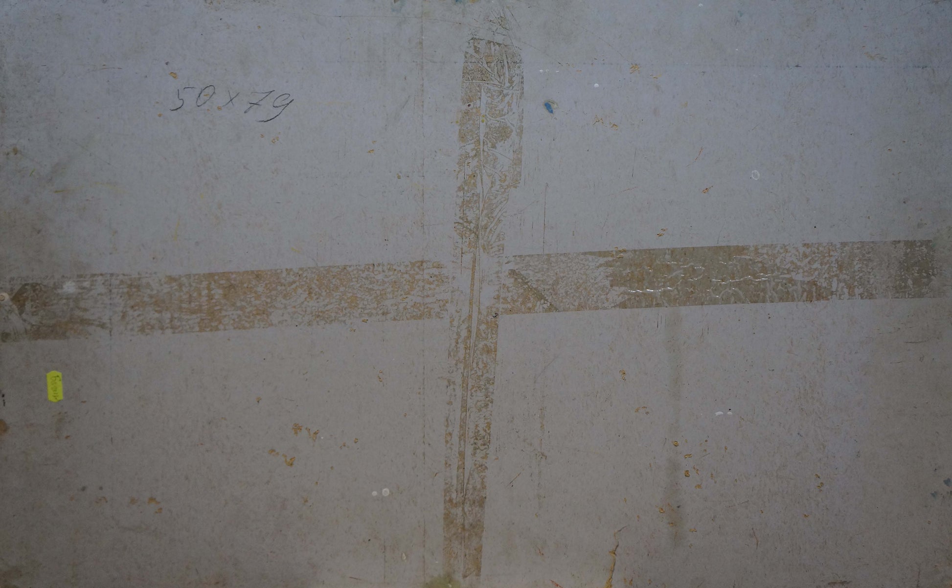 Weathered beige cross tape mark on gray concrete wall, Sea Chegodar oil painting