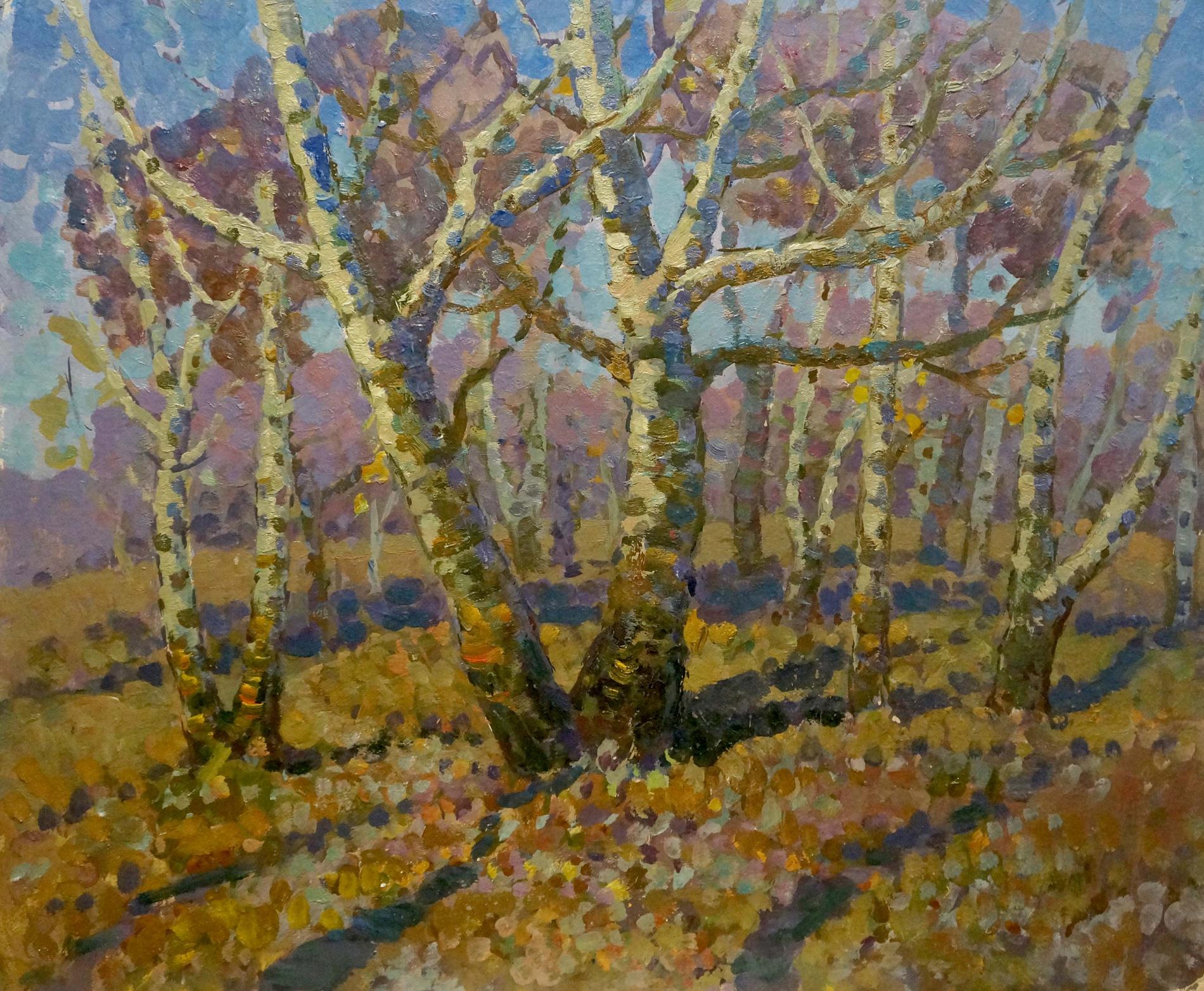 Oil painting Early spring by Ruban Grigory Savelievich, vibrant birch trees