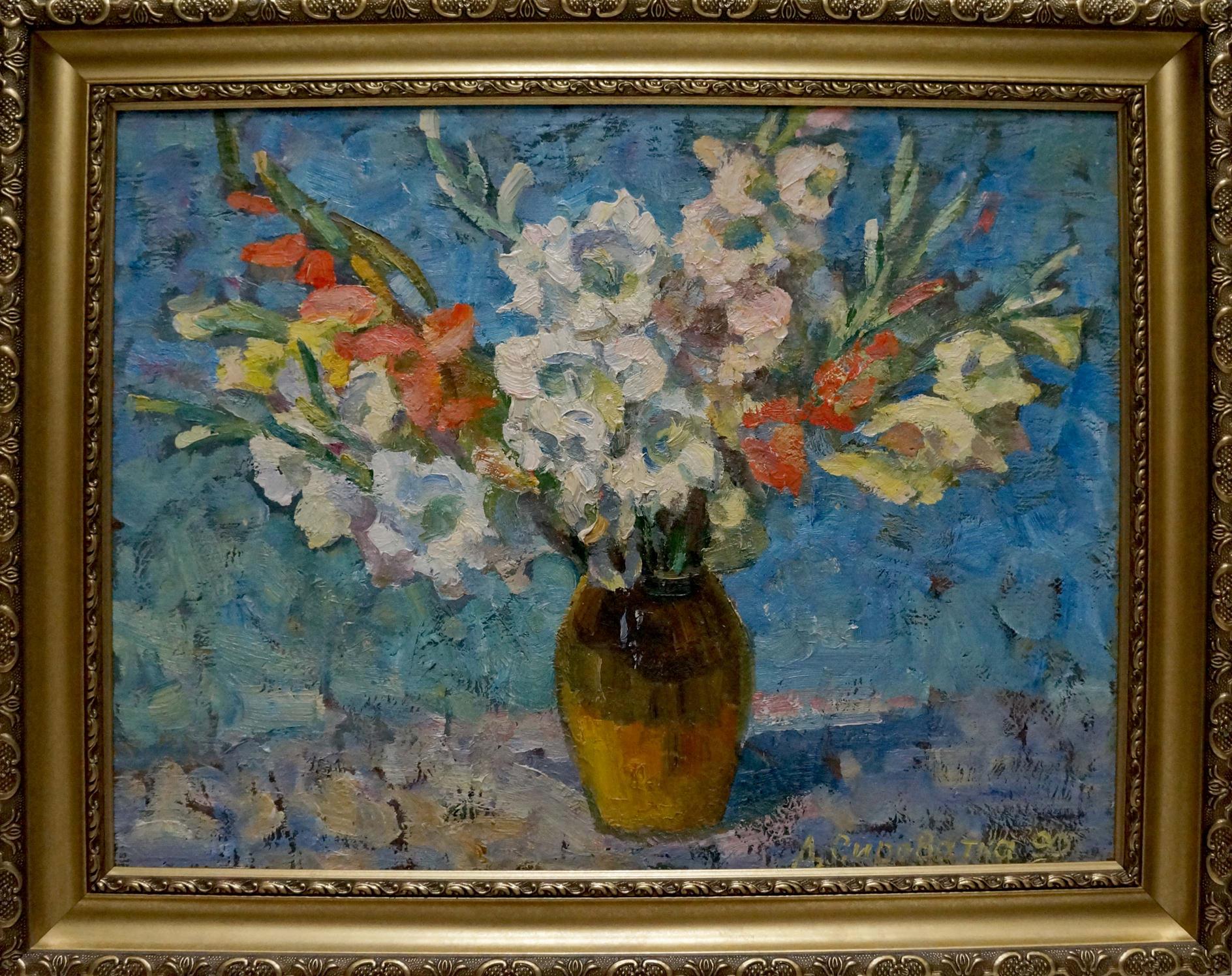 Oil painting of white orange gladioli in amber vase by Syrovatka Dmitry Matveevich