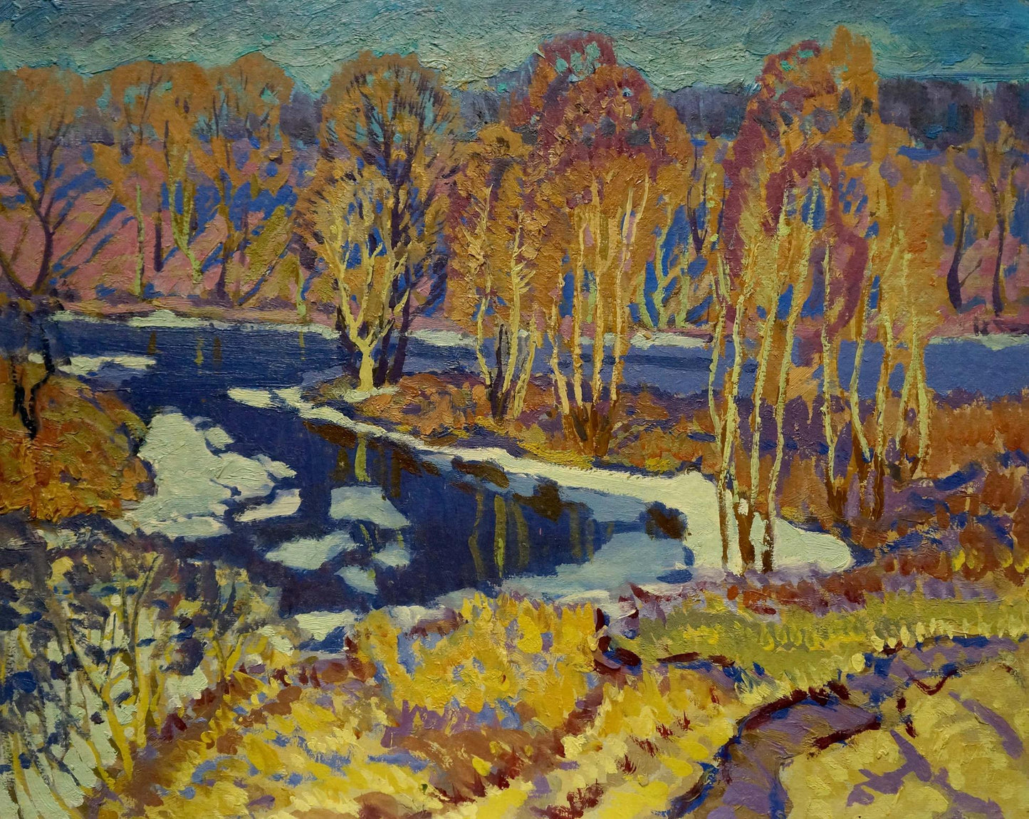 Oil painting Frozen River by Anatoly Fomin: autumn trees reflected in icy river