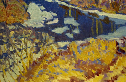 Oil painting Frozen River by Anatoly Fomin with vibrant autumn trees