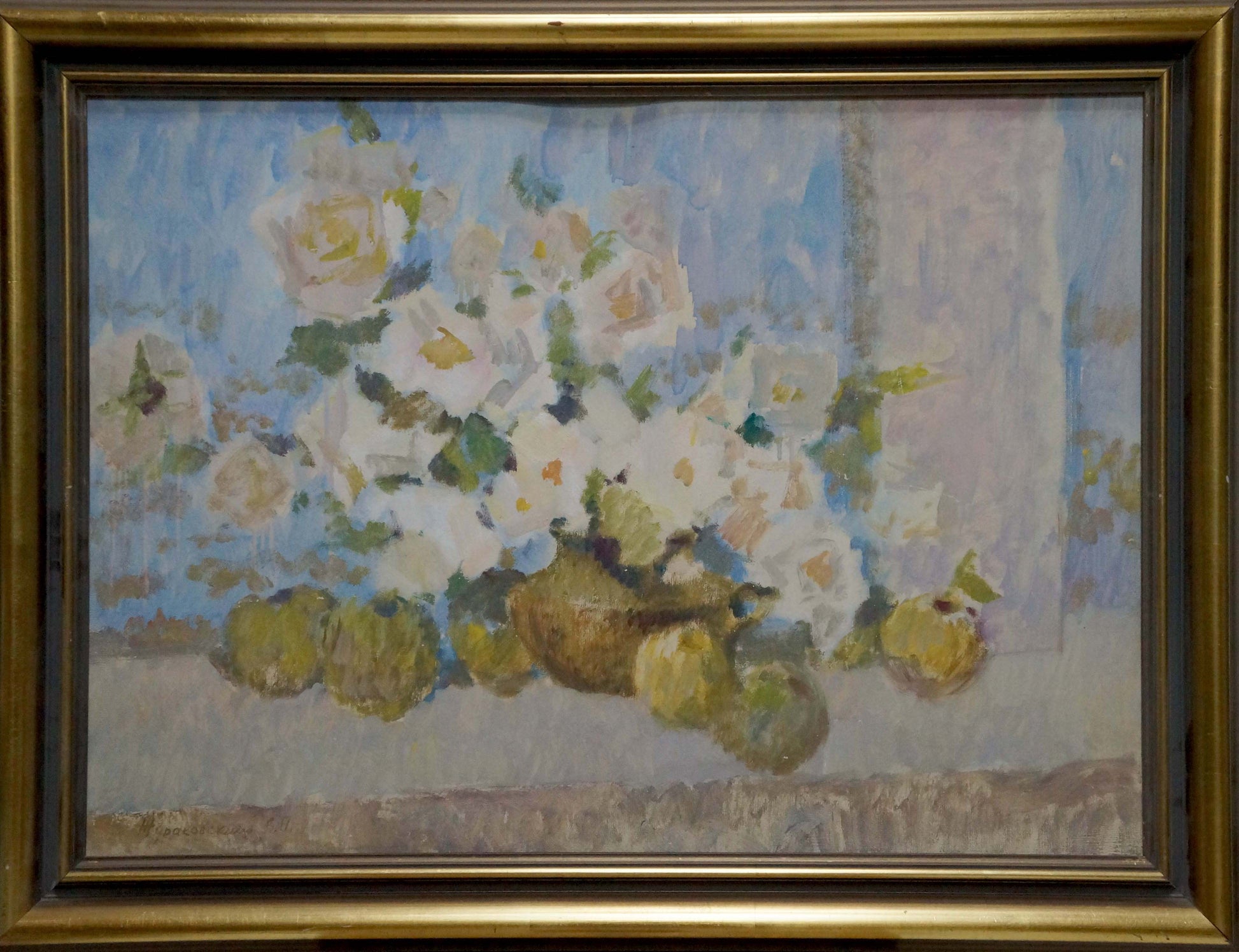 Framed oil painting of white pink roses in vase by Zhurakovsky Victor Petrovich