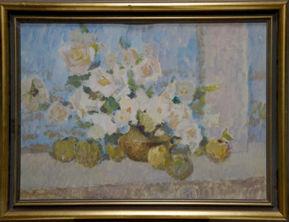 Framed oil painting of white pink roses in vase by Zhurakovsky Victor Petrovich