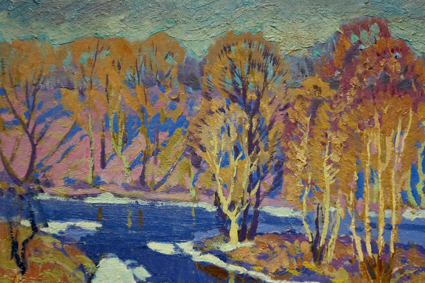 Oil painting Frozen River by Anatoly Fomin: autumn trees reflect in icy river