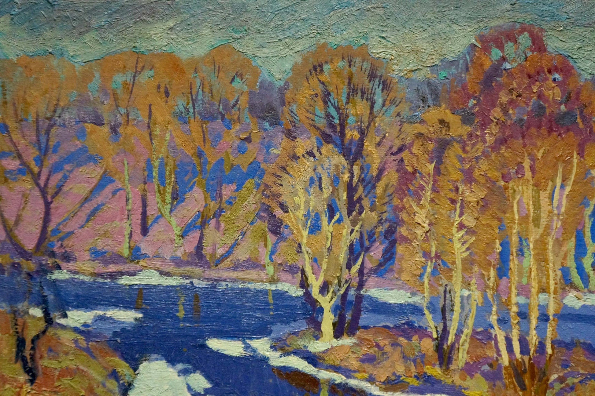 Oil painting Frozen River by Anatoly Fomin: autumn trees reflect in icy river