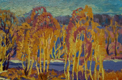 Oil painting Frozen river by Anatoly Fomin with autumn trees and blue sky