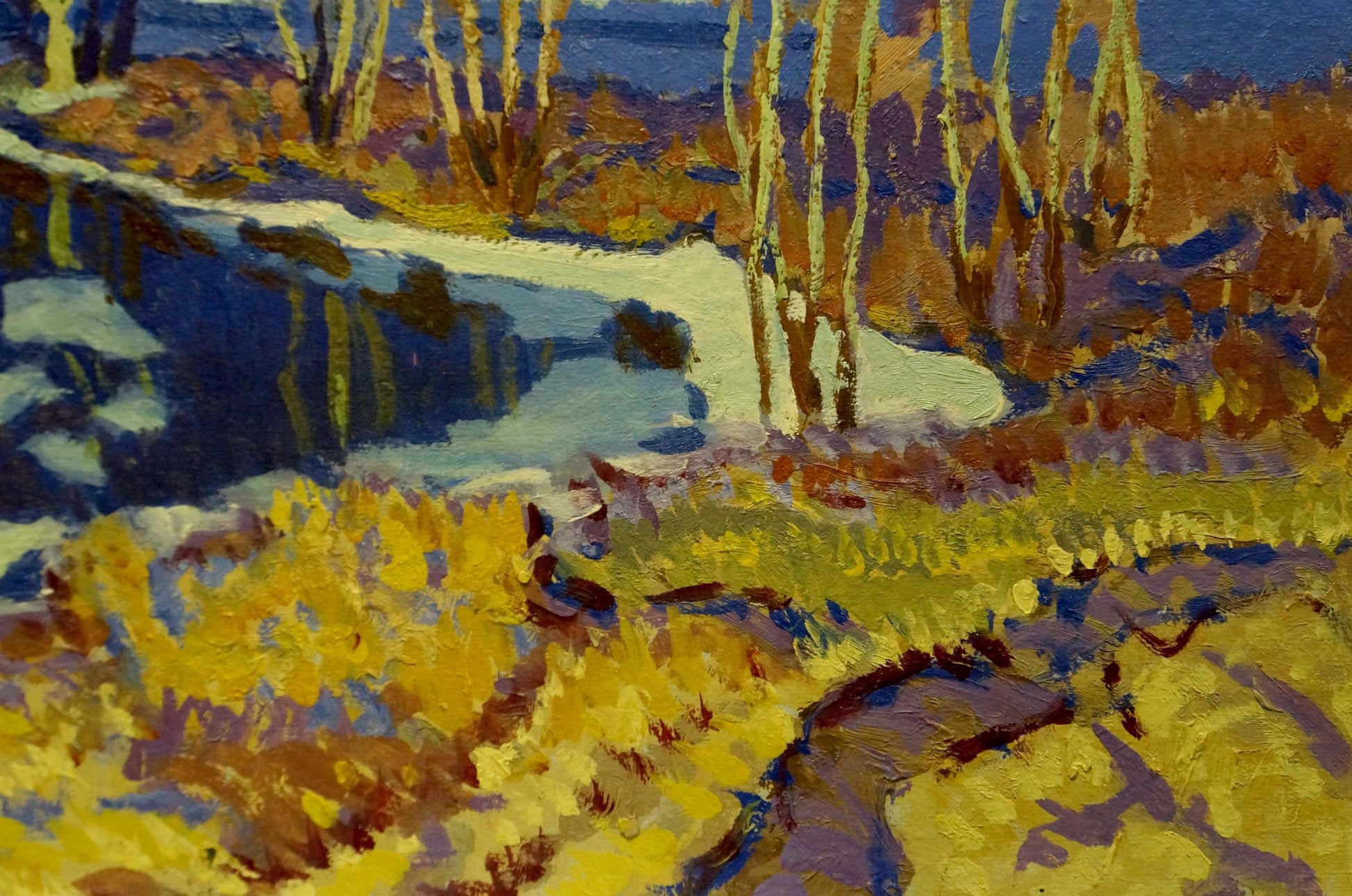 Oil painting Frozen River by Anatoly Fomin: snowy landscape in impasto