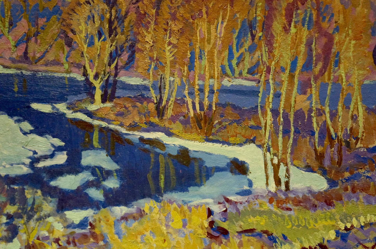 Vibrant Frozen River oil painting by Anatoly Fomin, impressionist winter scene